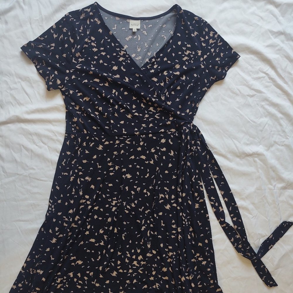 Blue and Pink Patterned Faux Wrap Dress